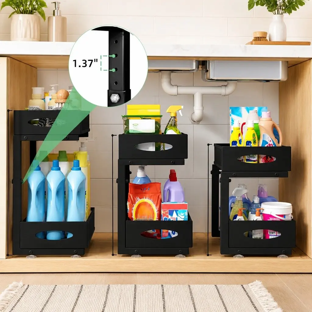 Under Sink Organizer 2-Tier Pull Out Sliding Cabinet Storage Shelf Height