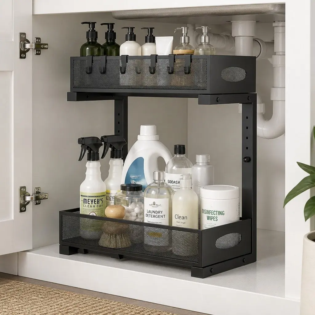Under Sink Organizer 2-Tier Pull Out Sliding Cabinet Storage Shelf Height
