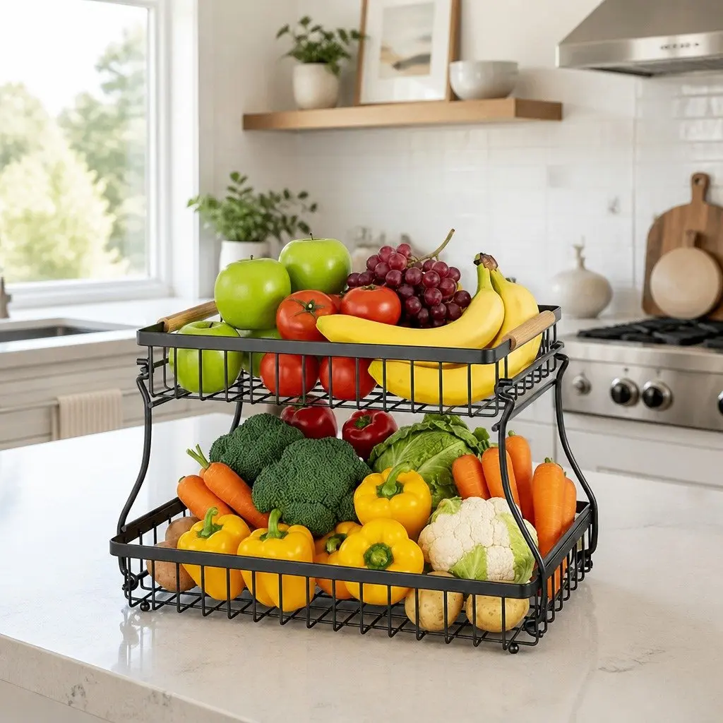 2-Tier Metal Fruit Basket Kitchen Counter Storage Organizer with Wooden Handles