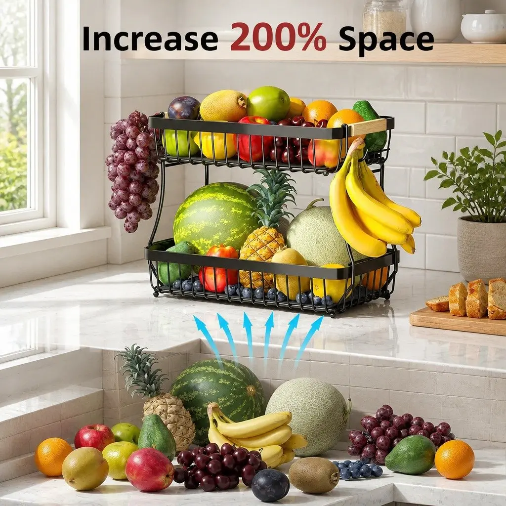 2-Tier Metal Fruit Basket Kitchen Counter Storage Organizer with Wooden Handles
