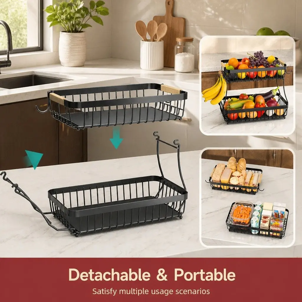 2-Tier Metal Fruit Basket Kitchen Counter Storage Organizer with Wooden Handles