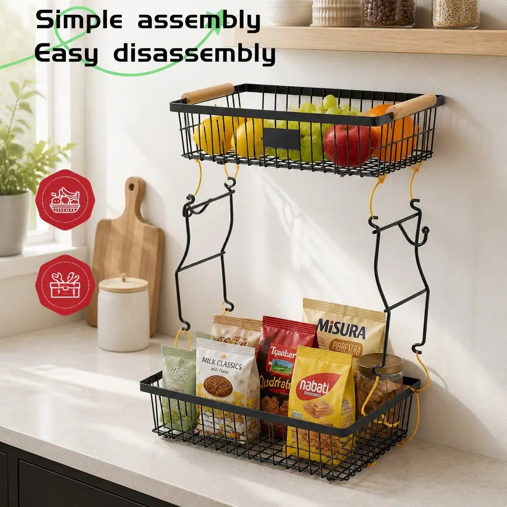 2-Tier Metal Fruit Basket Kitchen Counter Storage Organizer with Wooden Handles