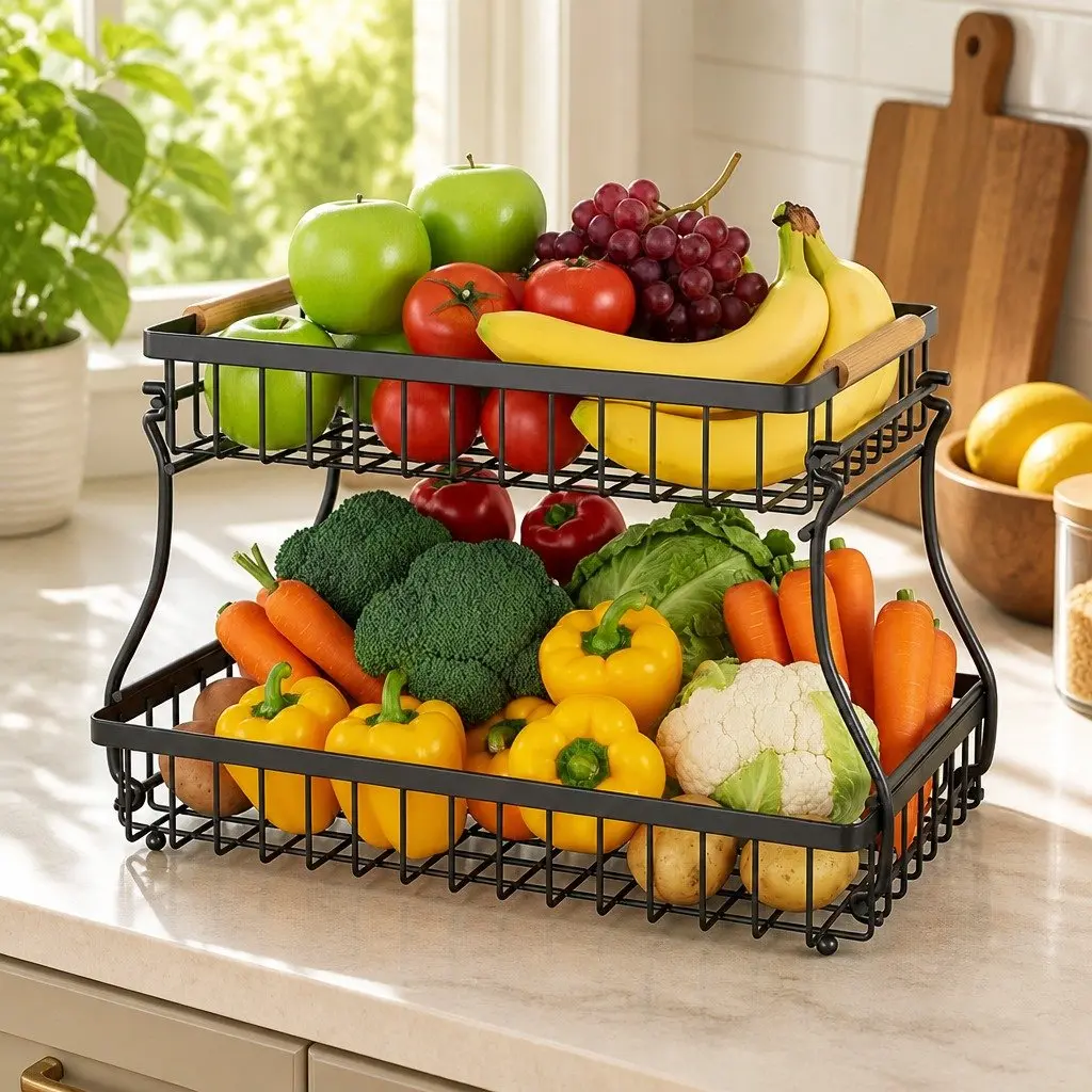 2-Tier Metal Fruit Basket Kitchen Counter Storage Organizer with Wooden Handles