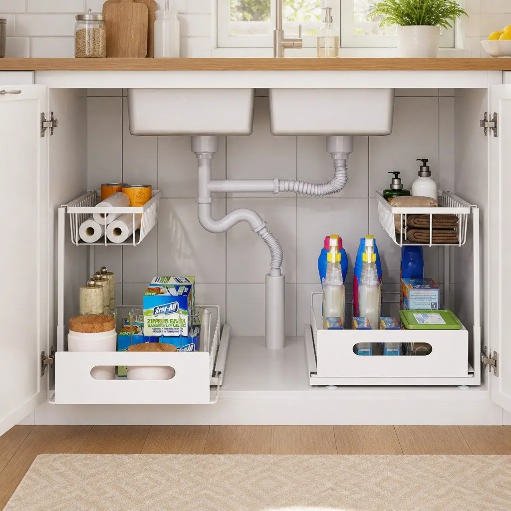 Under Sink Organiser 2 Tier Sliding Drawers Kitchen Bathroom Cabinet Storage