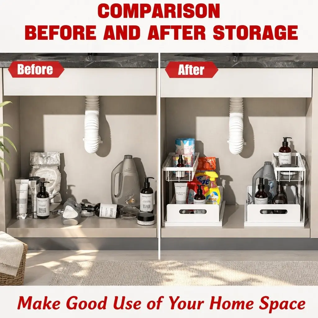 Under Sink Organiser 2 Tier Sliding Drawers Kitchen Bathroom Cabinet Storage