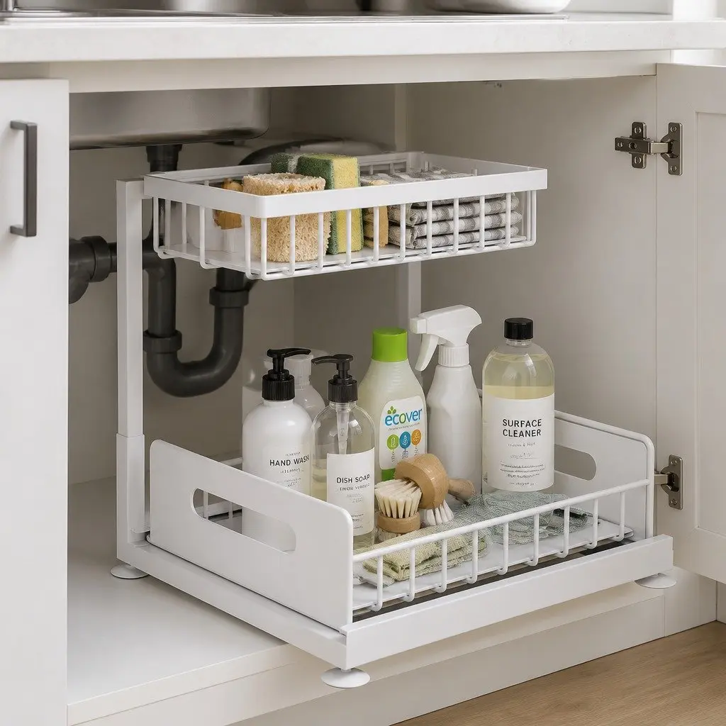 Under Sink Organiser 2 Tier Sliding Drawers Kitchen Bathroom Cabinet Storage