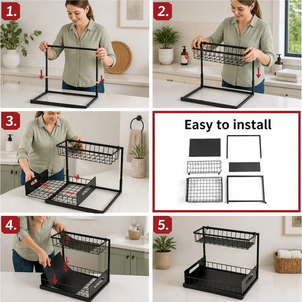 Under Sink Organiser 2 Tier Sliding Drawers Kitchen Bathroom Cabinet Storage