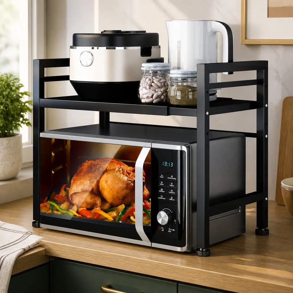 2-Tier Microwave Oven Rack Adjustable Metal Kitchen Shelf Stand Black