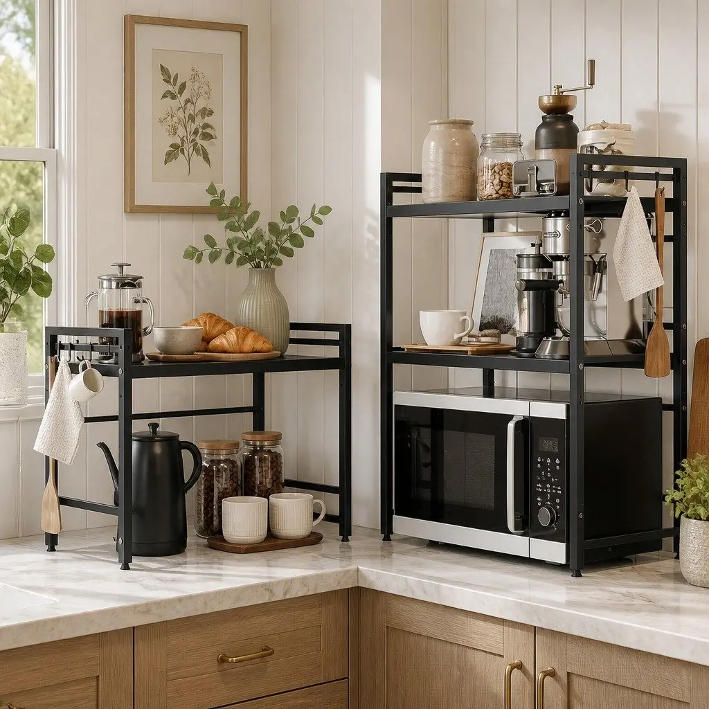 2-Tier Microwave Oven Rack Adjustable Metal Kitchen Shelf Stand Black