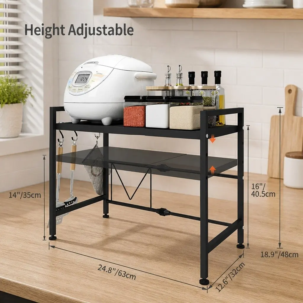2-Tier Microwave Oven Rack Adjustable Metal Kitchen Shelf Stand Black