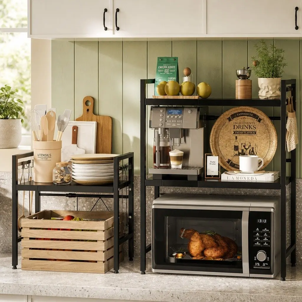 2-Tier Microwave Oven Rack Adjustable Metal Kitchen Shelf Stand Black