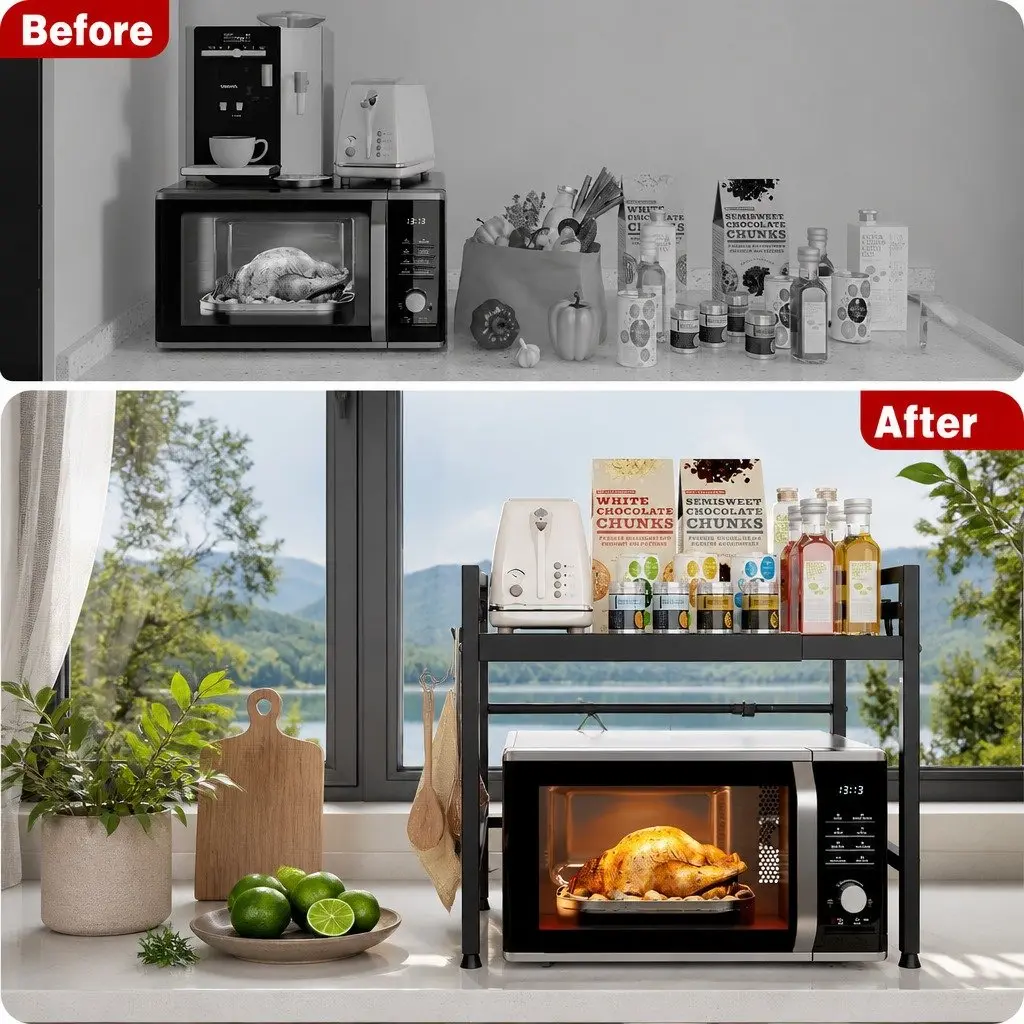 2-Tier Microwave Oven Rack Adjustable Metal Kitchen Shelf Stand Black