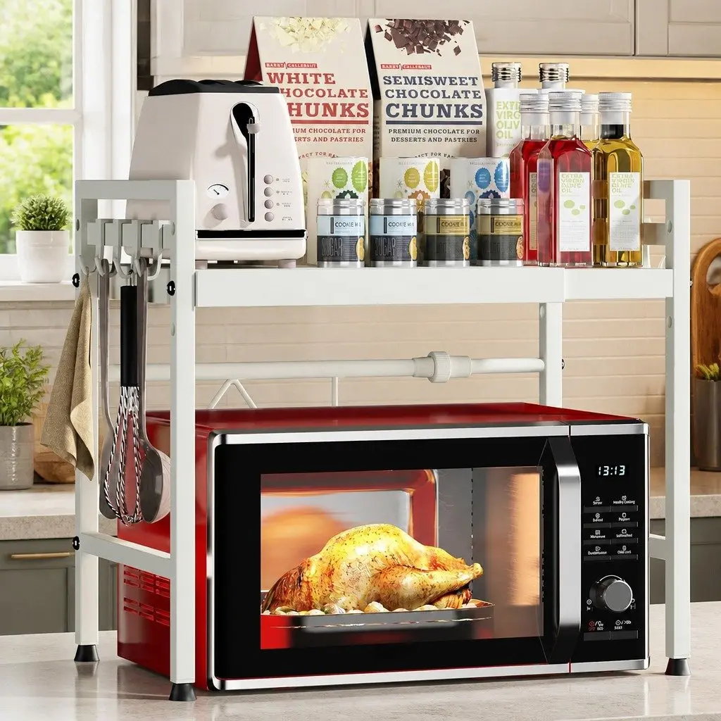 Microwave Oven Rack Adjustable Metal Kitchen Shelf Stand 2-Tier White