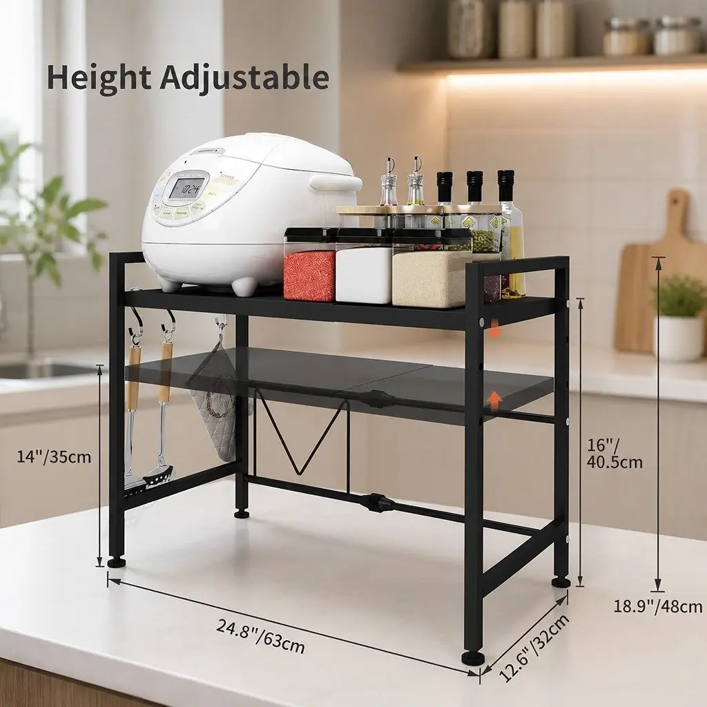 Microwave Oven Rack Adjustable Metal Kitchen Shelf Stand 2-Tier White