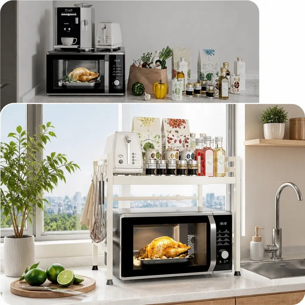 Microwave Oven Rack Adjustable Metal Kitchen Shelf Stand 2-Tier White