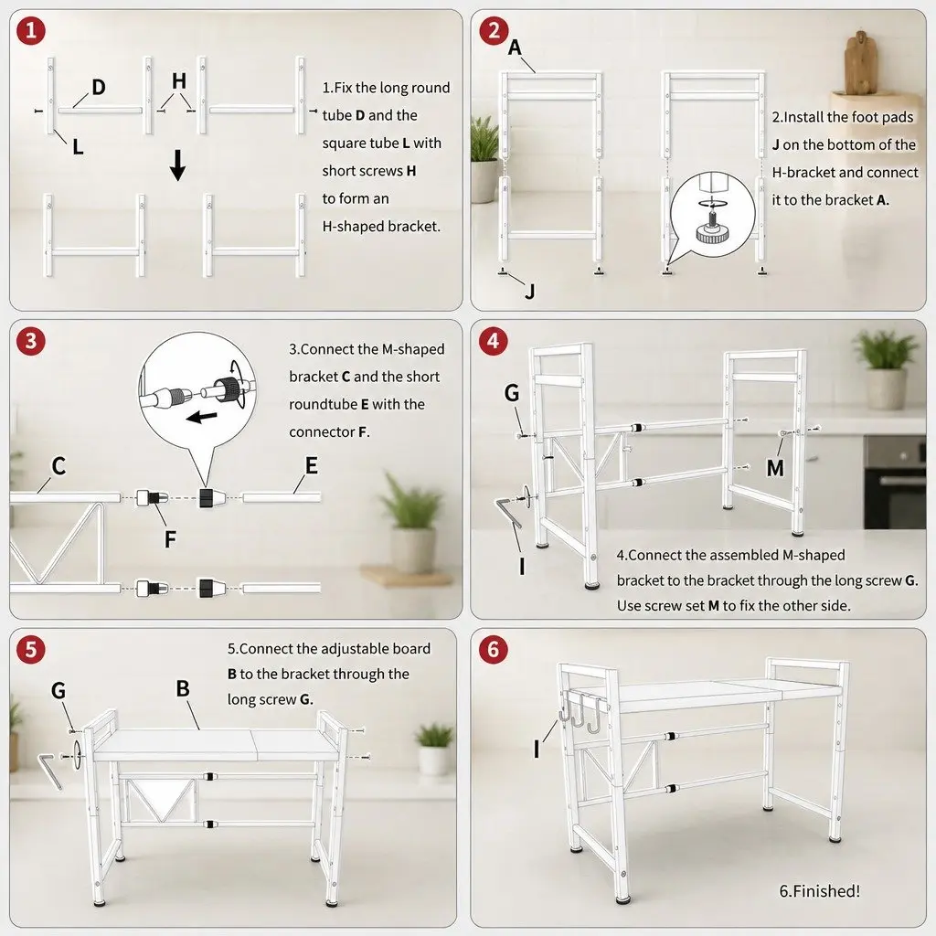 Microwave Oven Rack Adjustable Metal Kitchen Shelf Stand 2-Tier White