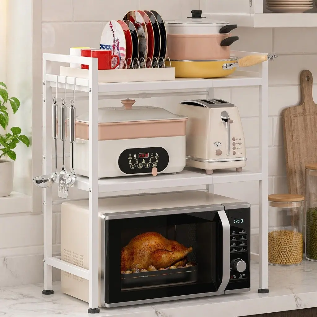 Adjustable Metal Kitchen Shelf Stand 3 Tier for Microwave Oven Countertop Space Saver