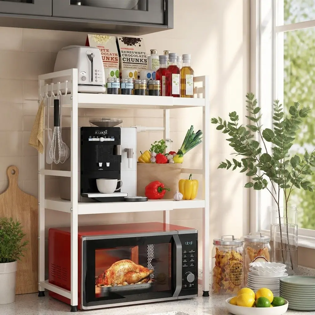 Adjustable Metal Kitchen Shelf Stand 3 Tier for Microwave Oven Countertop Space Saver