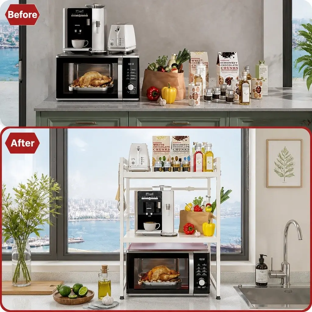 Adjustable Metal Kitchen Shelf Stand 3 Tier for Microwave Oven Countertop Space Saver