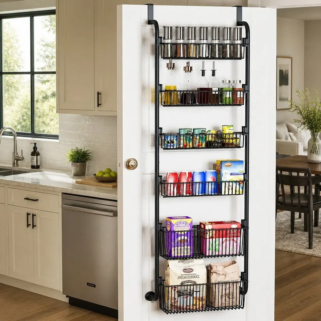 6-Tier Over the Door Organizer Metal Pantry Rack Hanging Baskets Black