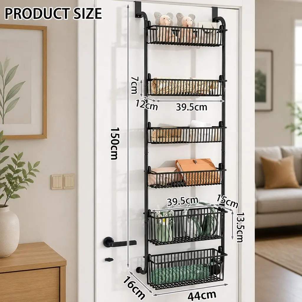 6-Tier Over the Door Organizer Metal Pantry Rack Hanging Baskets Black