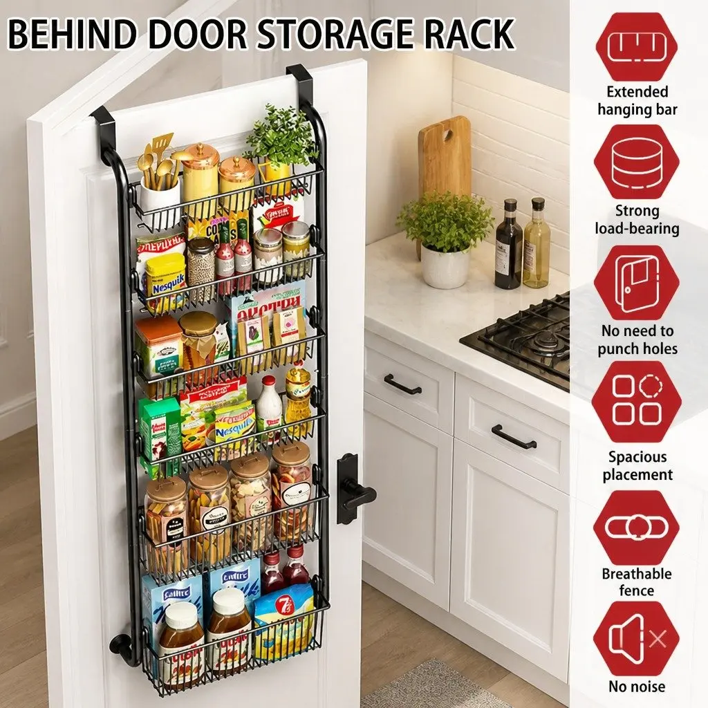 6-Tier Over the Door Organizer Metal Pantry Rack Hanging Baskets Black