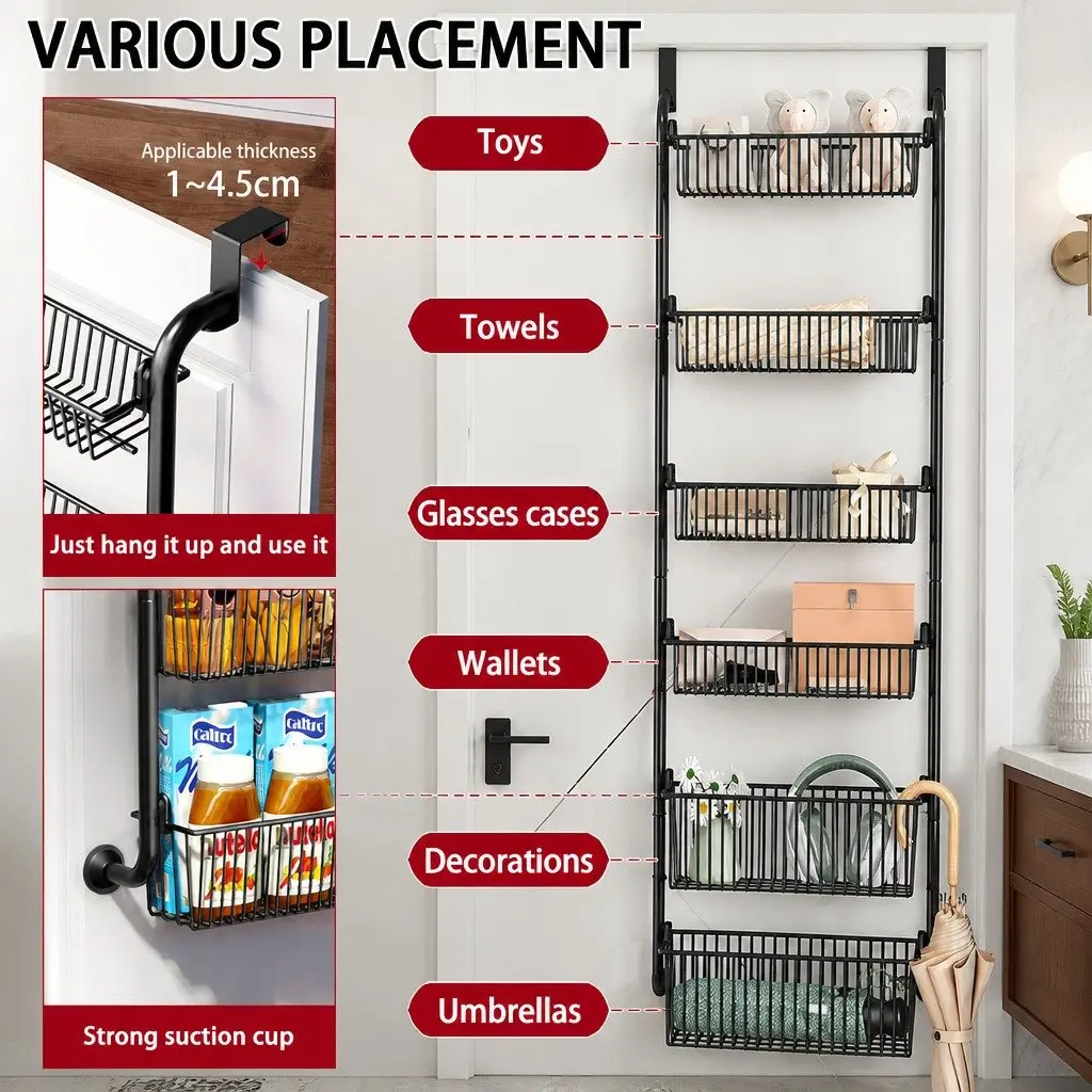 6-Tier Over the Door Organizer Metal Pantry Rack Hanging Baskets Black