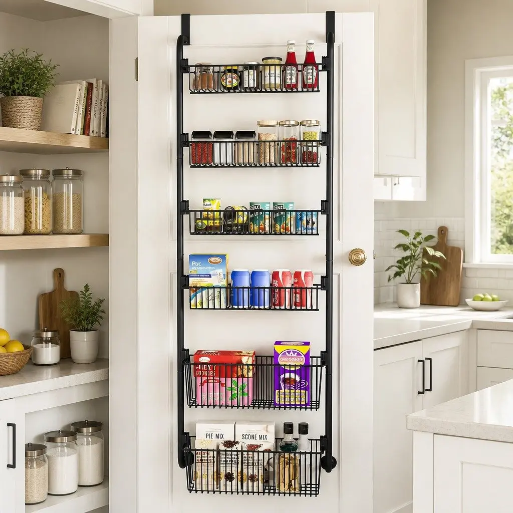6-Tier Over the Door Organizer Metal Pantry Rack Hanging Baskets Black