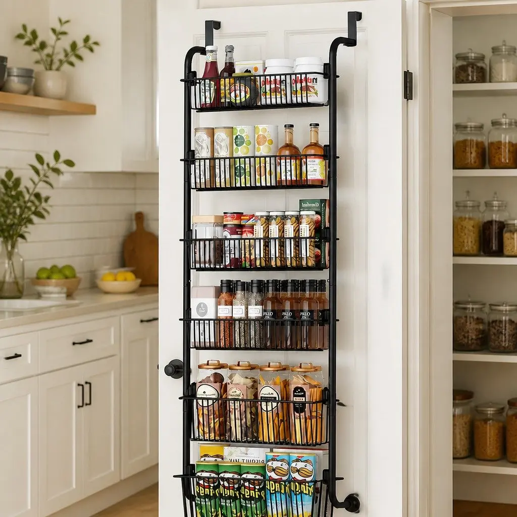 6-Tier Over the Door Organizer Metal Pantry Rack Hanging Baskets Black