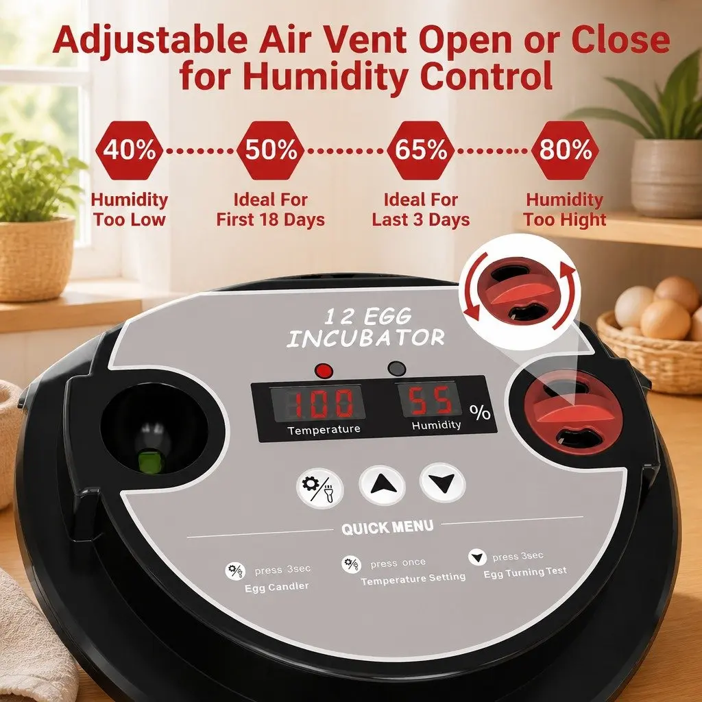 12 Egg Incubator Automatic Turning Temperature Humidity Control LED Display