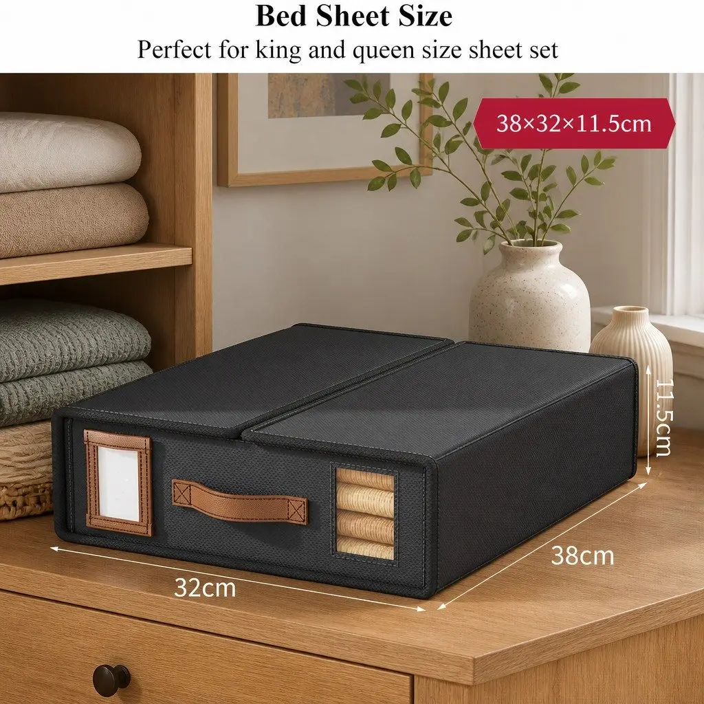 Storage Box Set of 8 for Bedding Organization Clear Window Handle Black