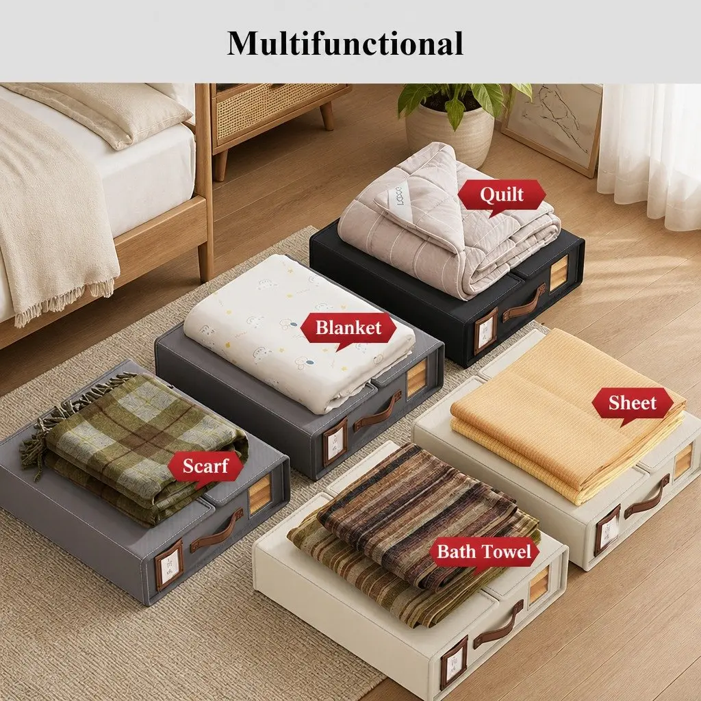 Storage Box Set of 8 for Bedding Organization Clear Window Handle Black