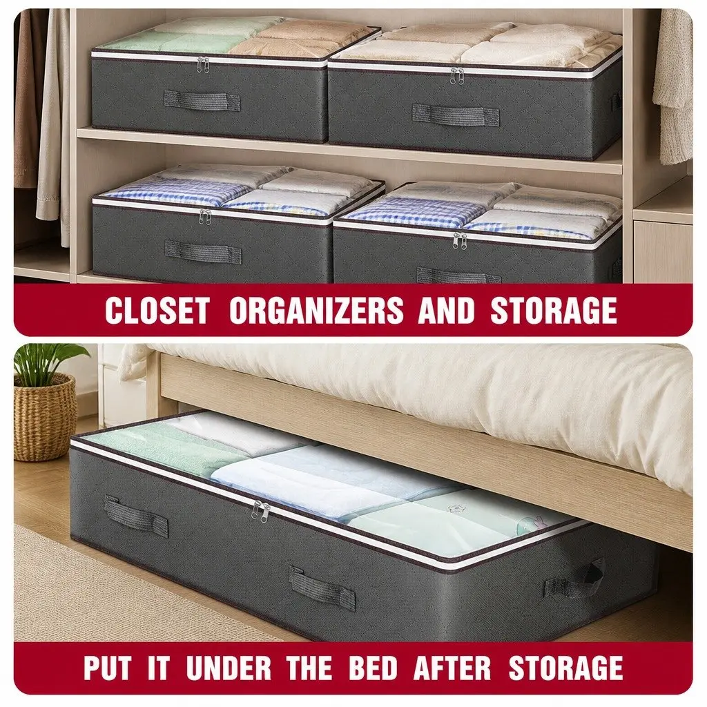 Underbed Storage Bins 90L Large Capacity Containers for Organizing Blankets Comforters Pillows 8 Piece Set