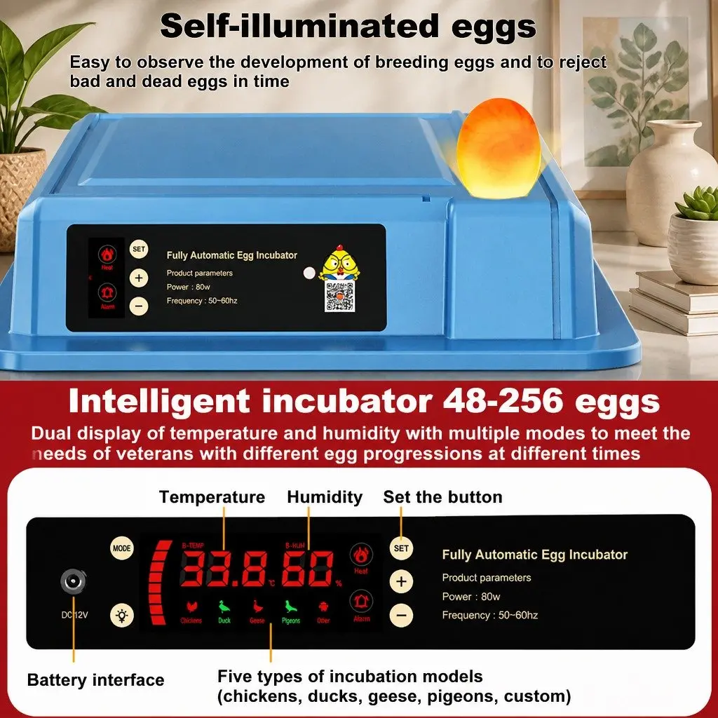128 Egg Incubator Automatic Turning LED Display Humidity Temperature Control