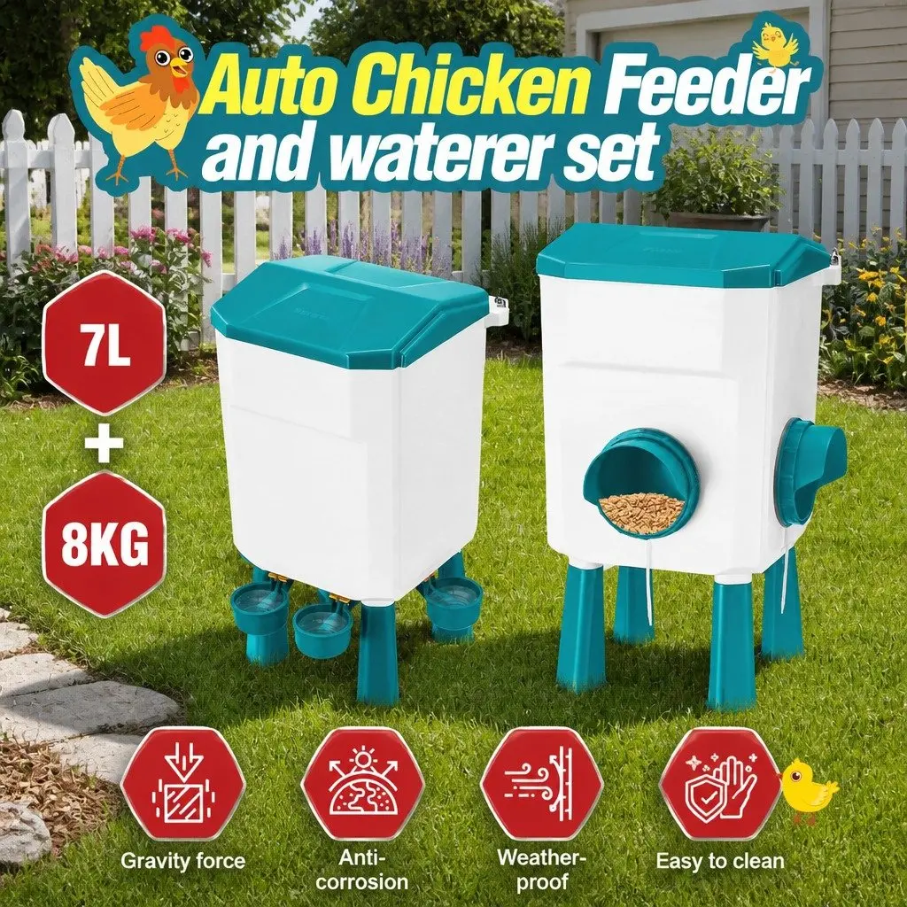 Automatic Chicken Feeder Waterer Set 8KG Food 7L Water Blue