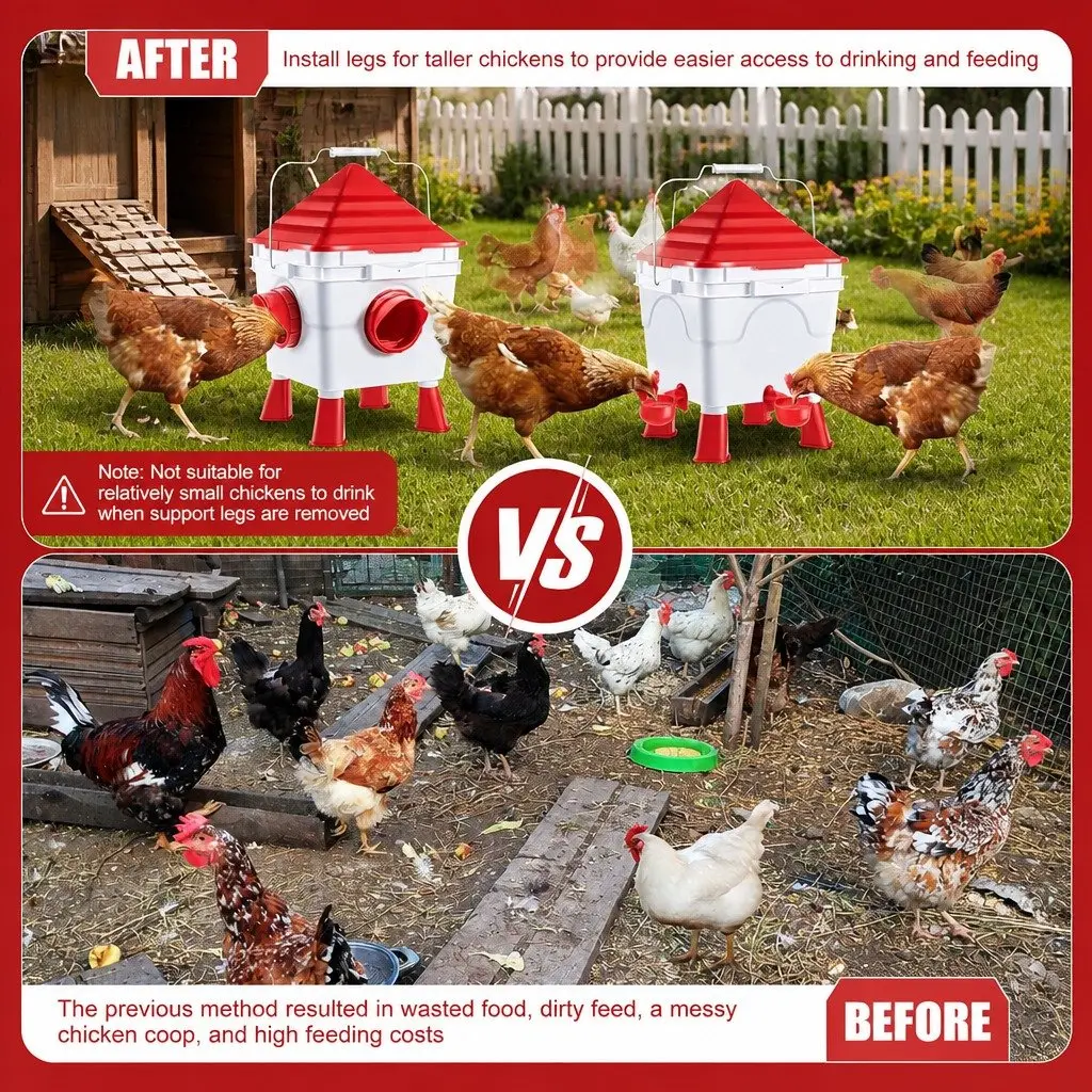 Gravity Dispenser Automatic Feeder Waterer Set 8L Water 8KG Food 4 Feeding Ports for Poultry Chickens Ducks Quail Geese