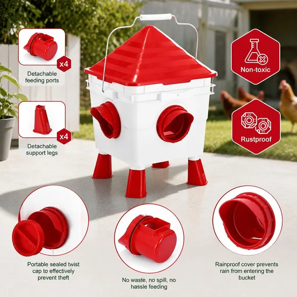 Gravity Dispenser Automatic Feeder Waterer Set 8L Water 8KG Food 4 Feeding Ports for Poultry Chickens Ducks Quail Geese
