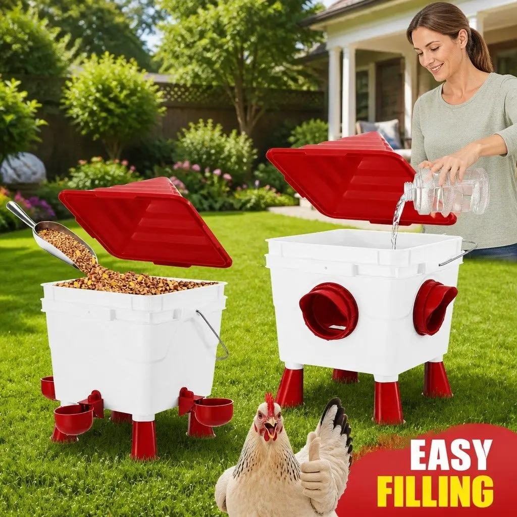Gravity Dispenser Automatic Feeder Waterer Set 8L Water 8KG Food 4 Feeding Ports for Poultry Chickens Ducks Quail Geese