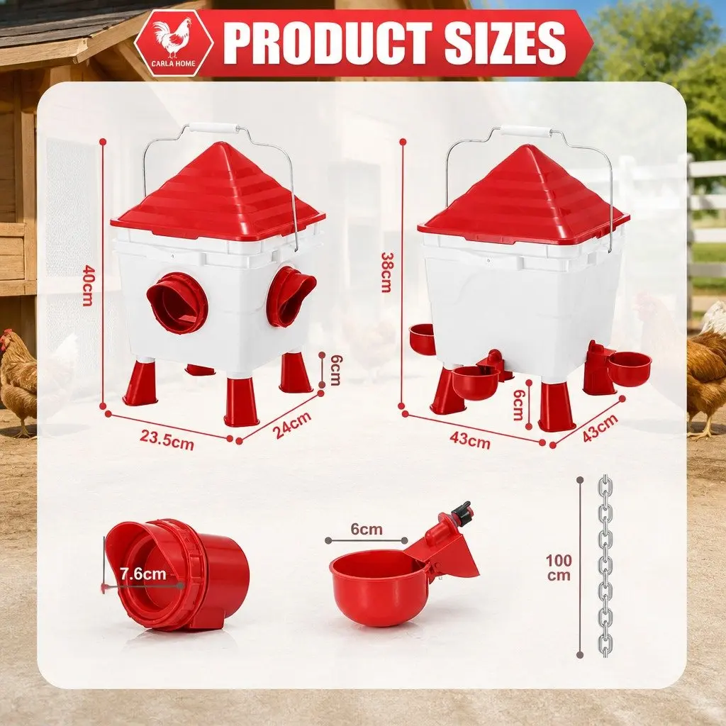 Gravity Dispenser Automatic Feeder Waterer Set 8L Water 8KG Food 4 Feeding Ports for Poultry Chickens Ducks Quail Geese