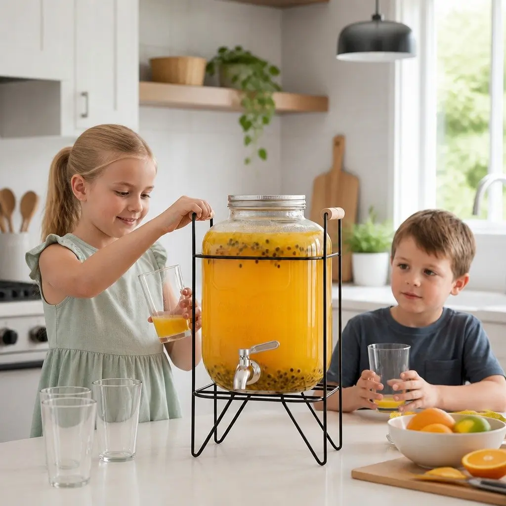 5L Glass Drink Dispenser with Metal Stand Stainless Steel Tap Wide Mouth