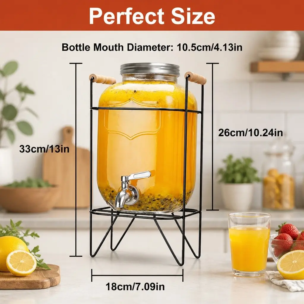 5L Glass Drink Dispenser with Metal Stand Stainless Steel Tap Wide Mouth