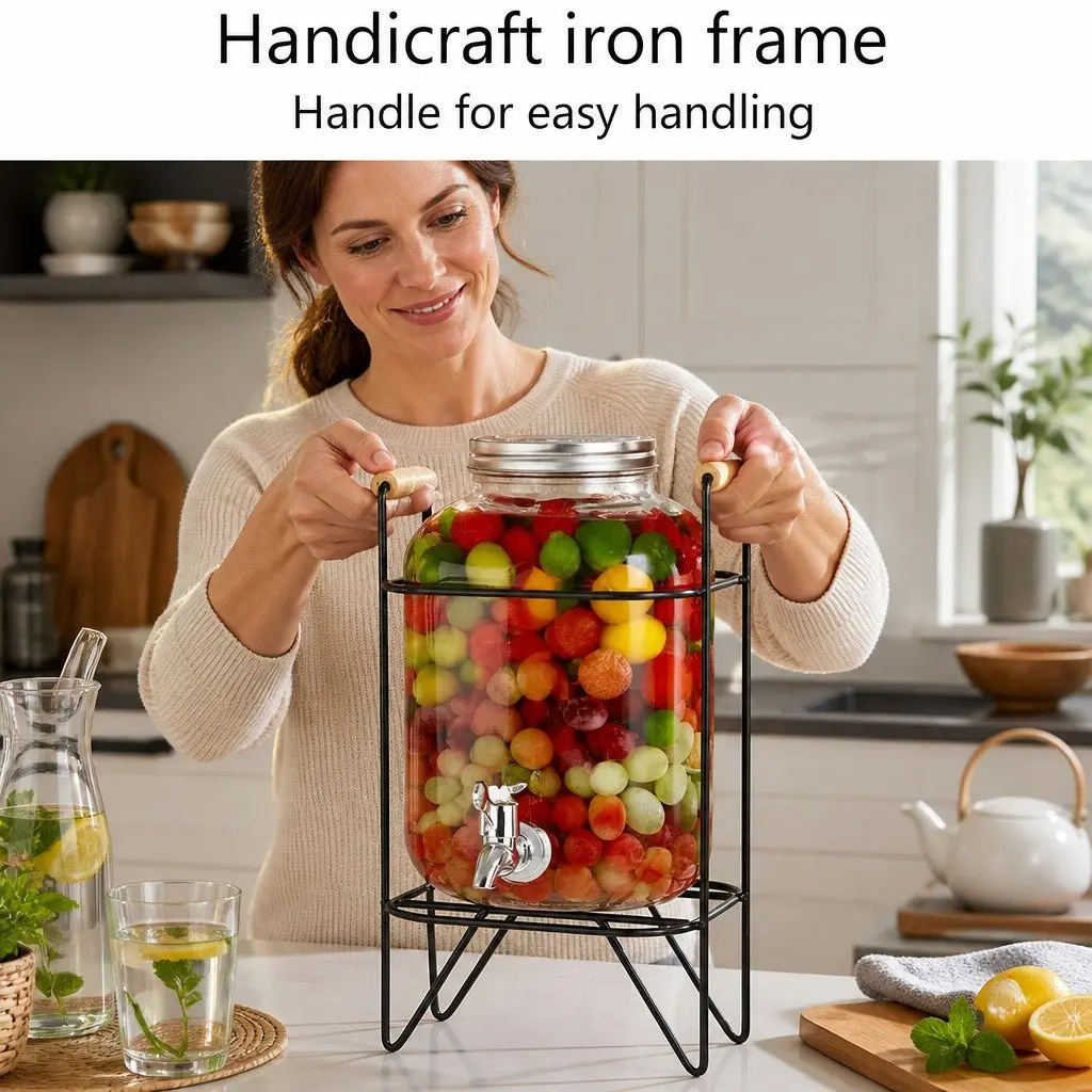 5L Glass Drink Dispenser with Metal Stand Stainless Steel Tap Wide Mouth