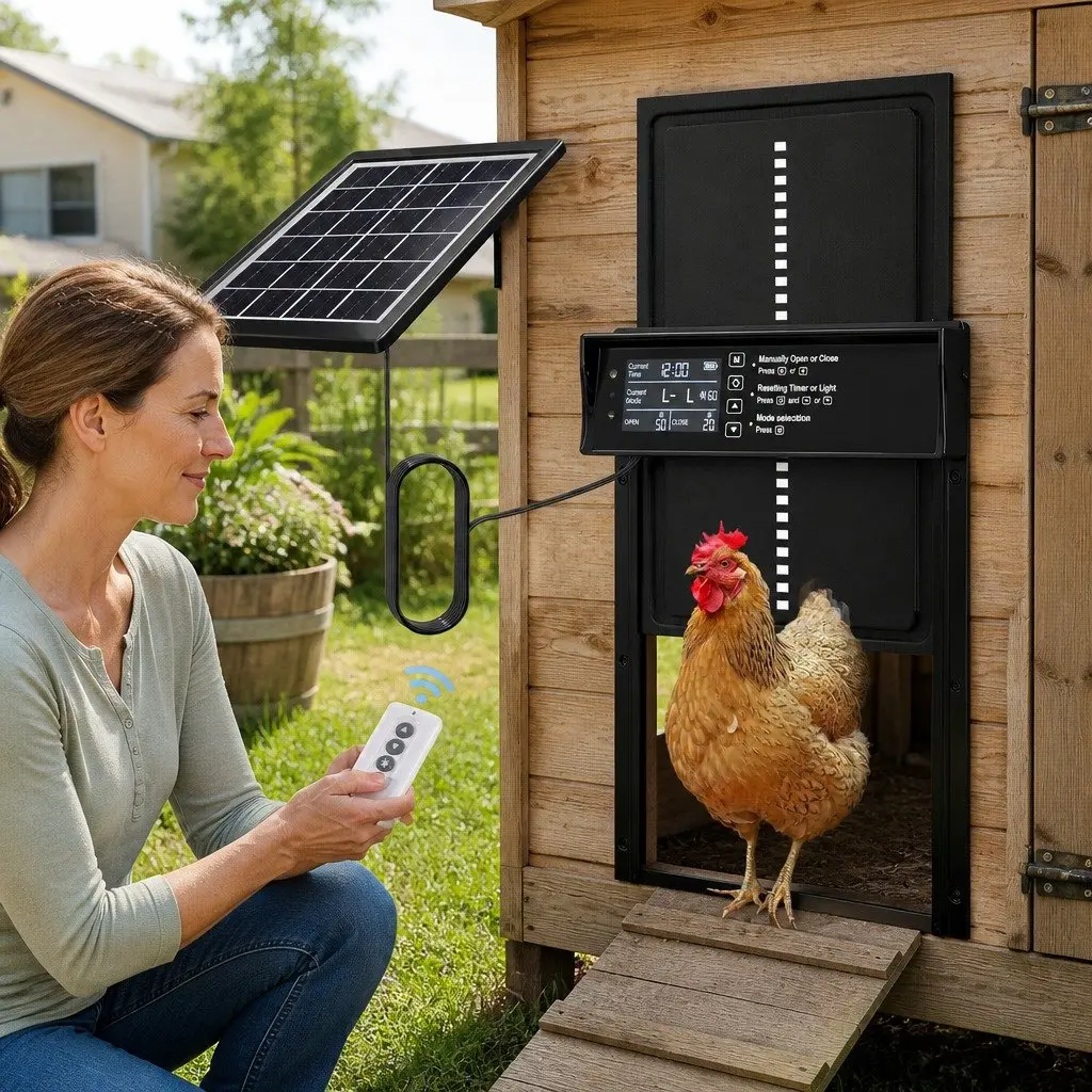 Automatic Chicken Coop Door Solar Powered Timer Light Sensor Remote Control 33x4x25cm