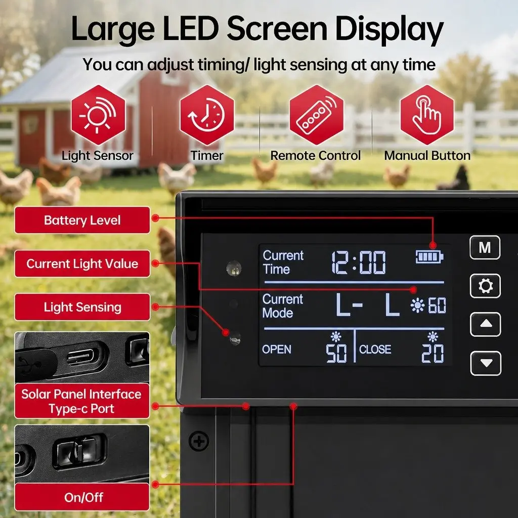 Automatic Chicken Coop Door Solar Powered Timer Light Sensor Remote Control 33x4x25cm