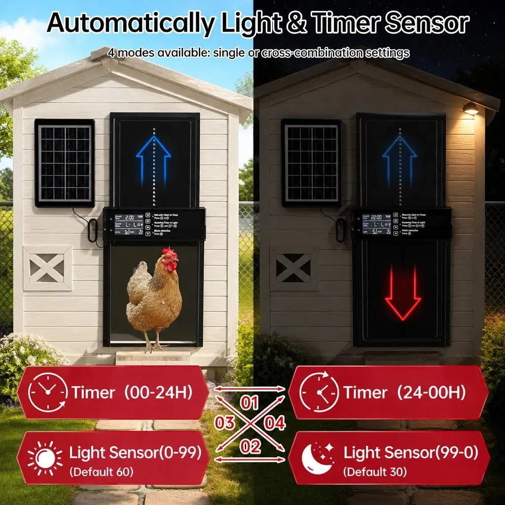 Automatic Chicken Coop Door Solar Powered Timer Light Sensor Remote Control 33x4x25cm