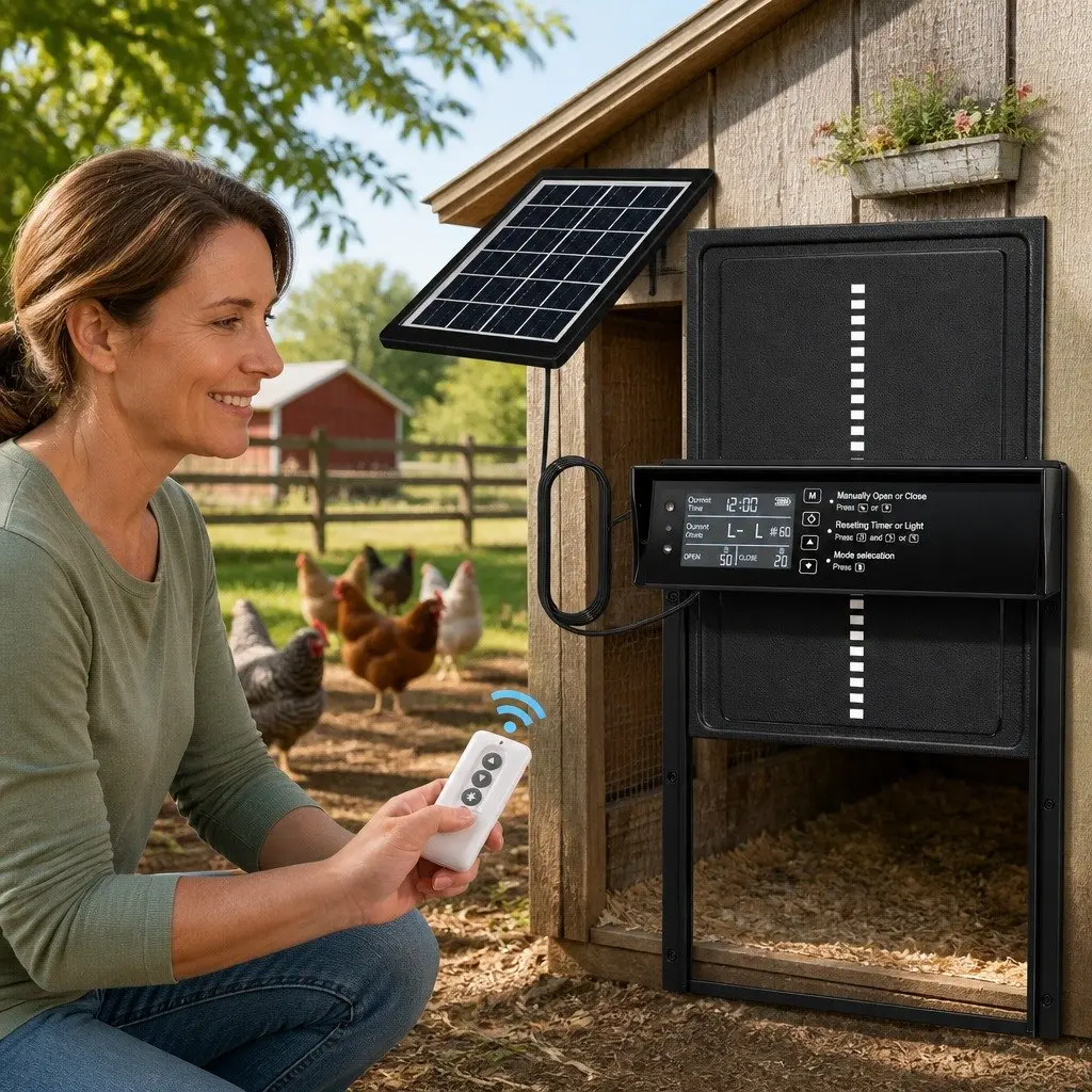Automatic Chicken Coop Door Solar Powered Timer Light Sensor Remote Control 33x4x25cm