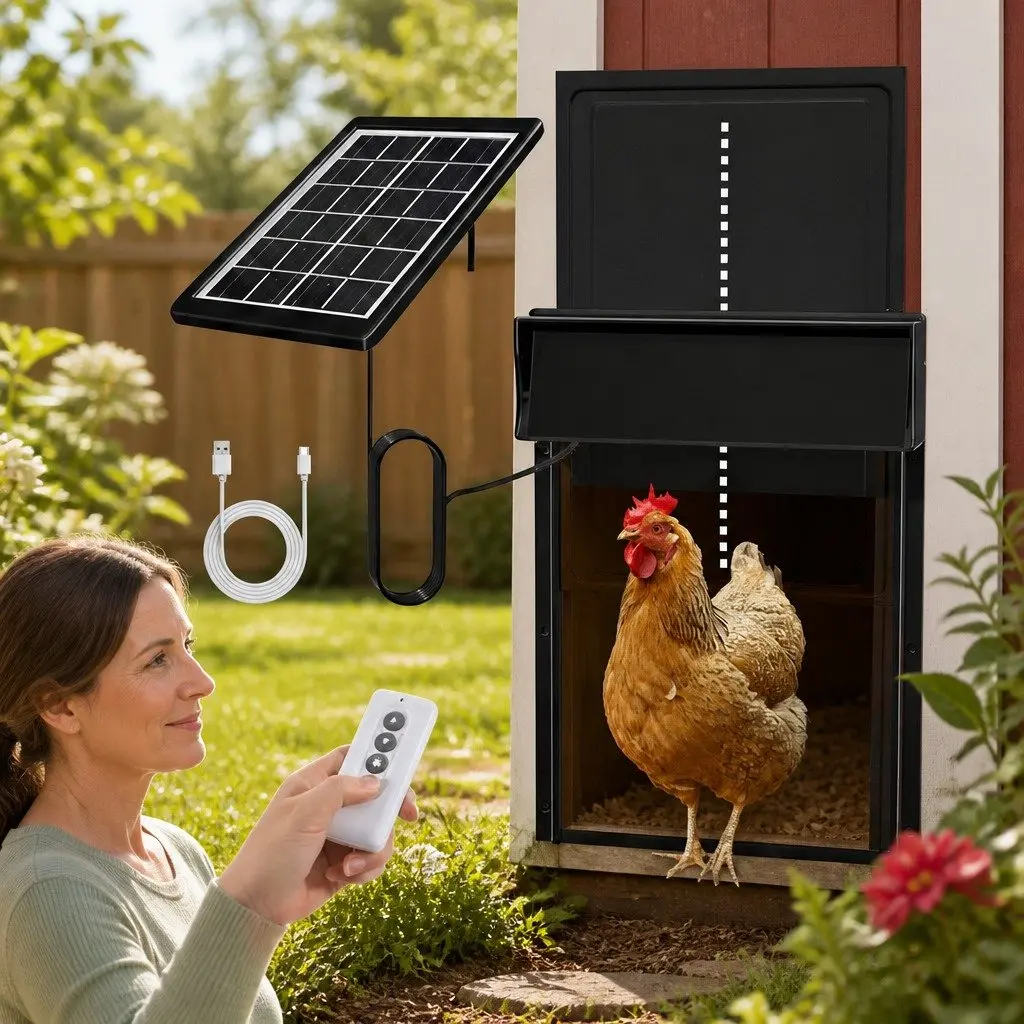 Automatic Chicken Coop Door Solar Powered Timer Light Sensor Remote Control 33x4x25cm