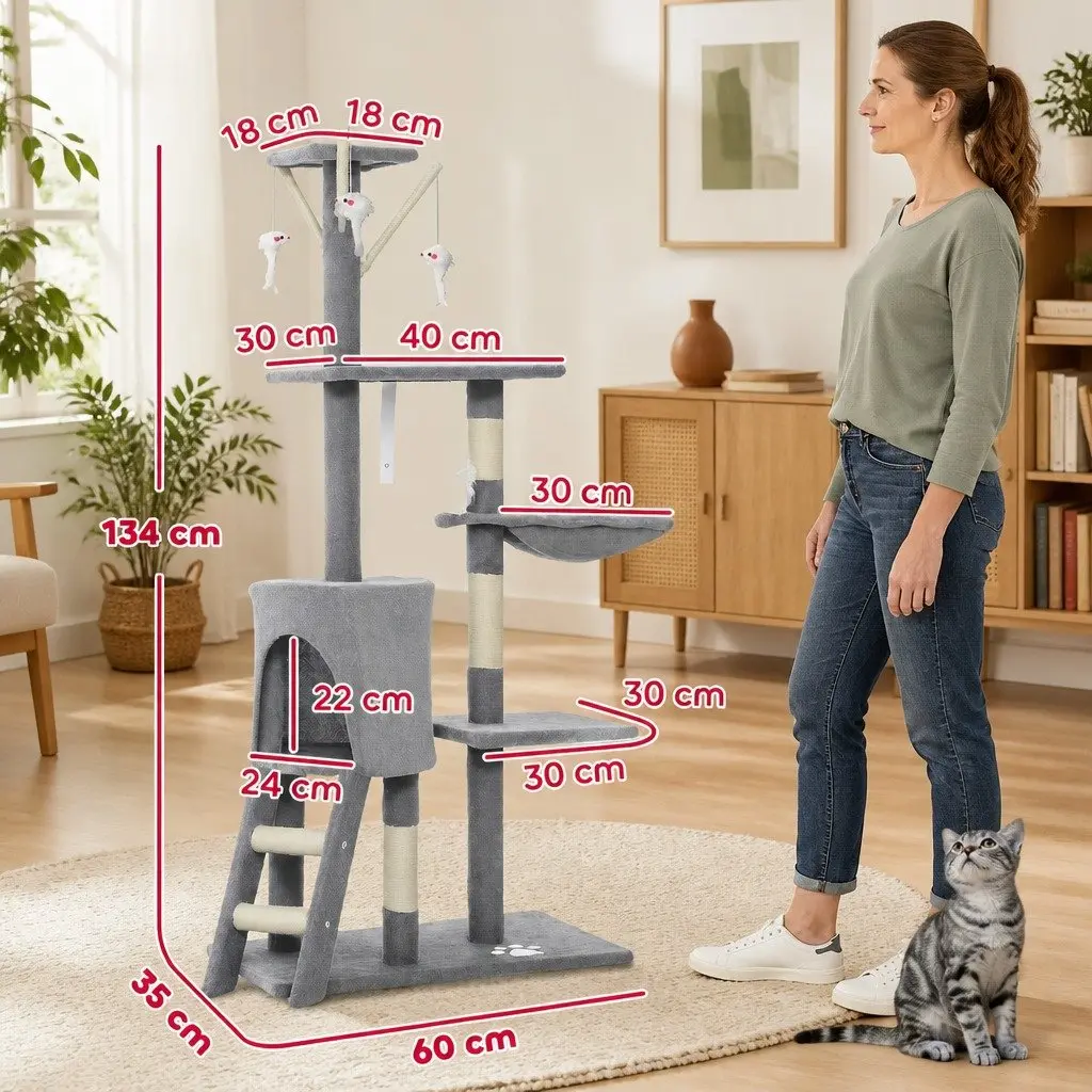 Cat Tree Indoor Cats Multi-Level 134cm Light Grey