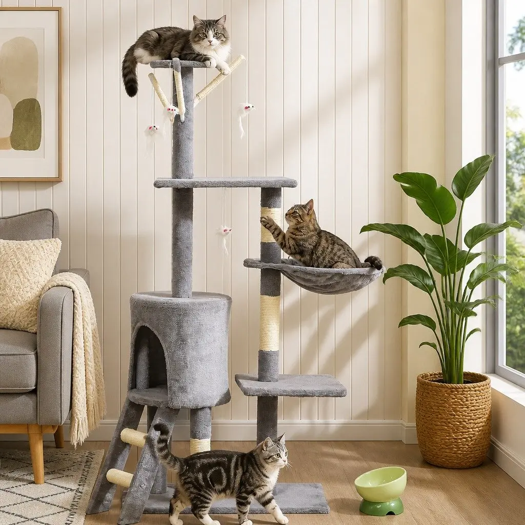 Cat Tree Indoor Cats Multi-Level 134cm Light Grey