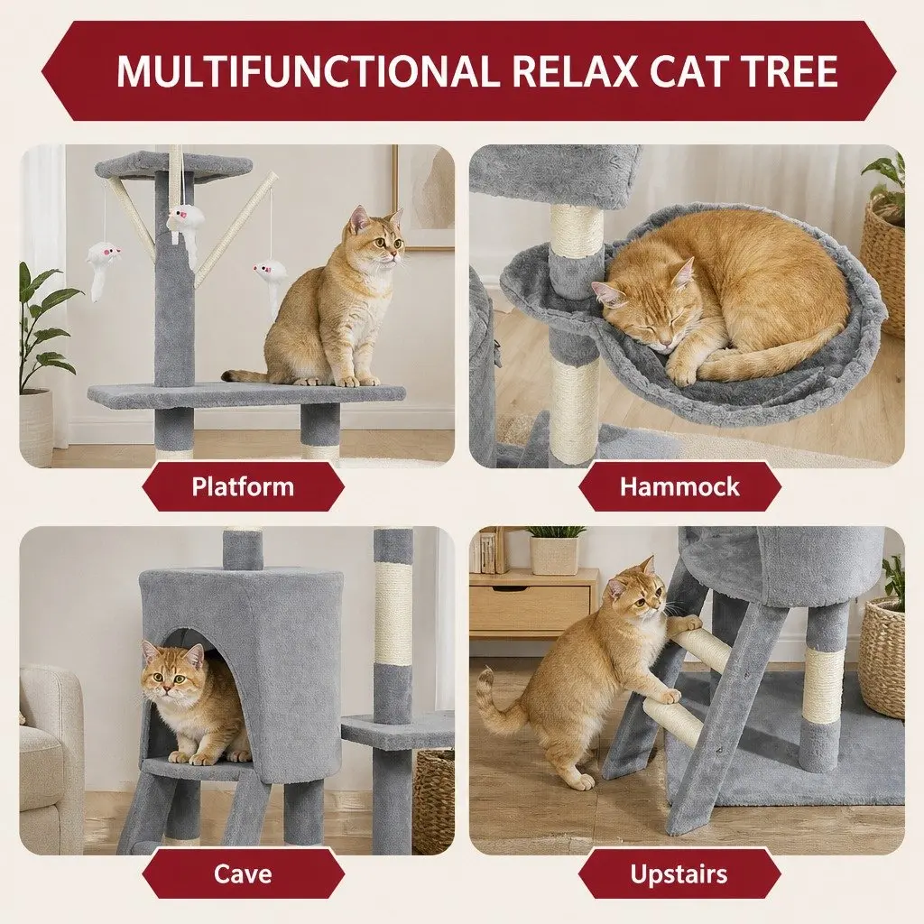 Cat Tree Indoor Cats Multi-Level 134cm Light Grey